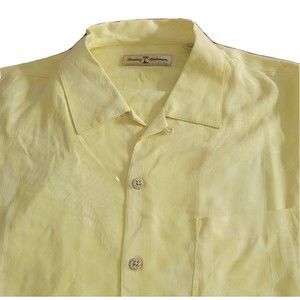 Tommy Bahama Hawaiian Men's Small Shirt 100% Silk Butter Yellow Light Palm Print